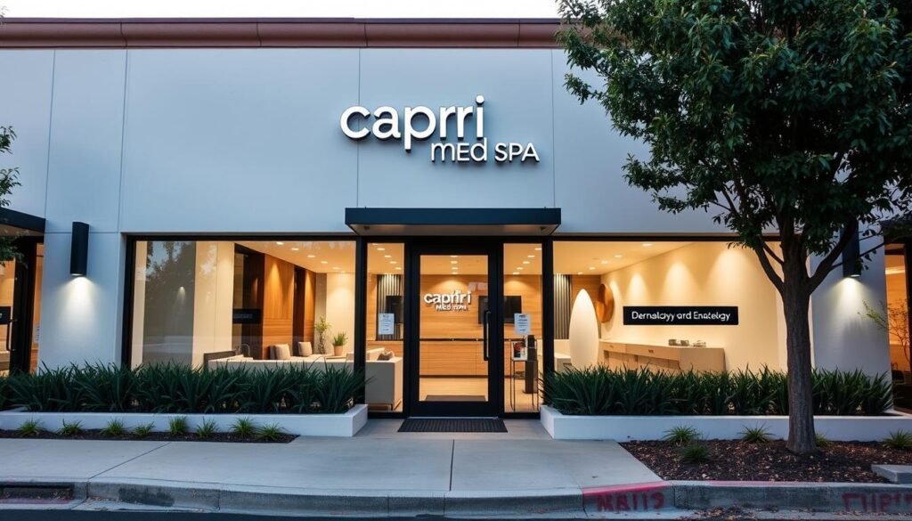 A modern, inviting exterior of the Capri Med Spa in Sherman Oaks, California. The building has a clean, minimalist design with large windows allowing natural light to flood the interior. The entrance is framed by sleek, contemporary landscaping, creating a welcoming atmosphere. The Capri Med Spa signage is prominently displayed, reflecting the professionalism and expertise of the dermatology practice. The scene conveys a sense of tranquility and sophistication, hinting at the high-quality cosmetic treatments available within.