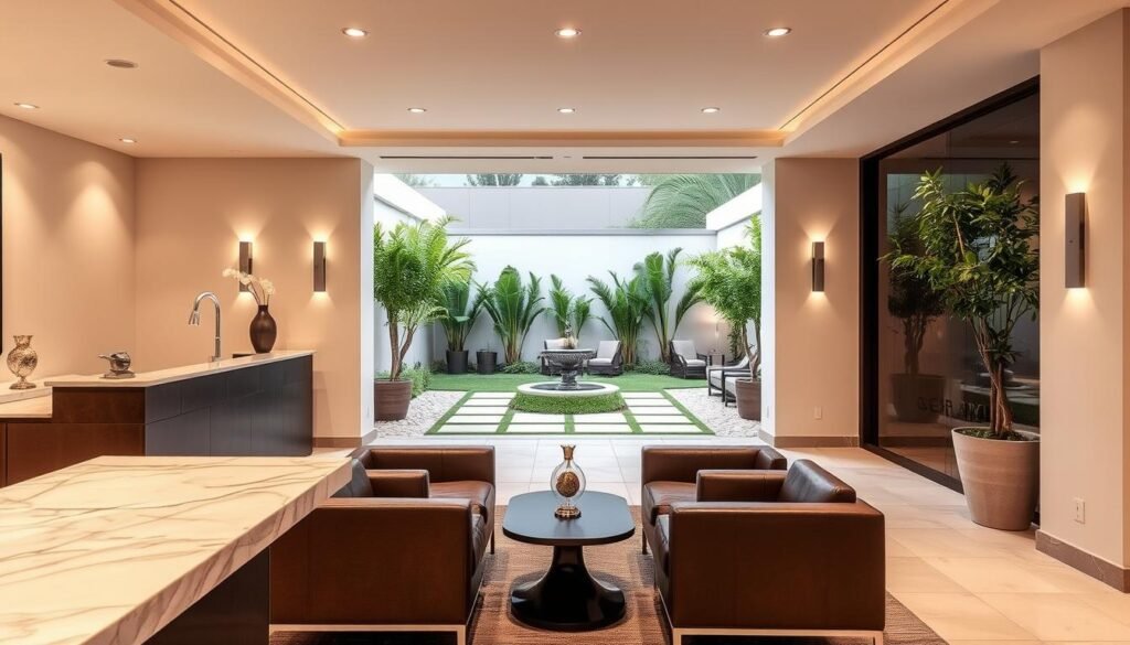 A modern, luxurious medical spa in Sherman Oaks, California. In the foreground, a warm-lit reception area with a marble-topped counter and plush leather seating. In the middle ground, minimalist white walls adorned with framed art and soft lighting fixtures. The background showcases a tranquil patio garden, complete with lush greenery and a soothing water feature. The overall atmosphere exudes a sense of relaxation and rejuvenation, perfectly suited for the Capri Med Spa experience.