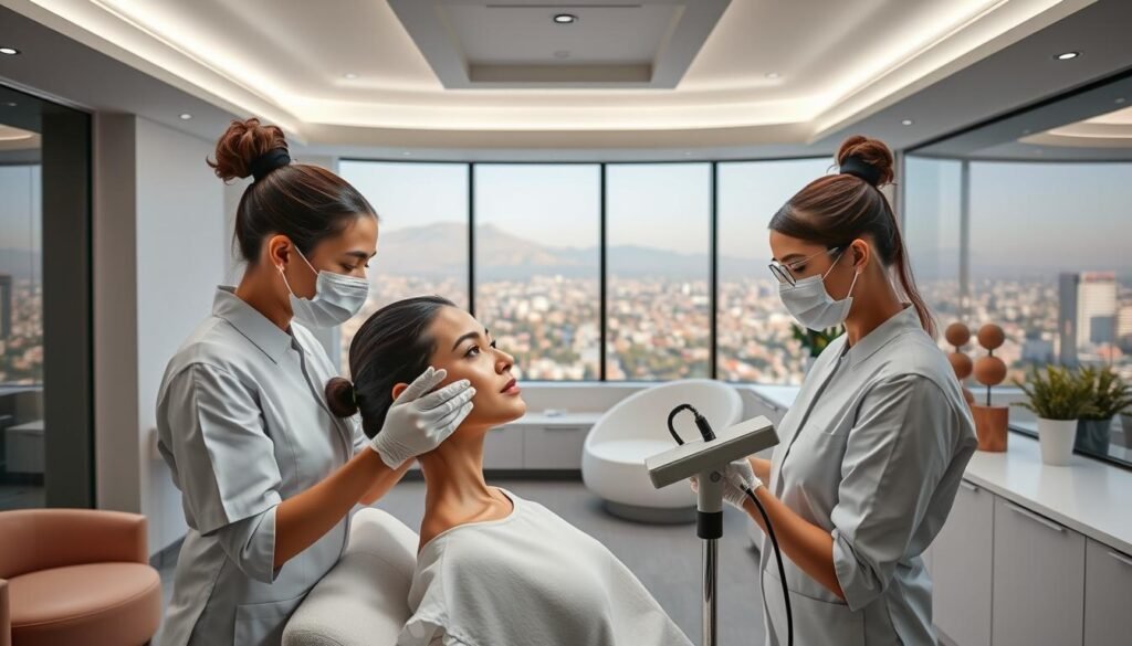 A modern, well-lit interior space showcasing the Capri Med Spa, a renowned acne removal clinic in Sherman Oaks. In the foreground, two skilled aestheticians in crisp white uniforms carefully examine a patient's skin, employing the latest medical-grade equipment. The middle ground features sleek, minimalist decor and soothing earth-toned accents, creating a calming atmosphere. In the background, a panoramic window provides a glimpse of the vibrant Sherman Oaks cityscape, reflecting the clinic's commitment to safety, efficacy, and professionalism. Soft, diffused lighting highlights the clean, sterile environment, instilling a sense of trust and confidence in the Capri Med Spa's approach to acne treatment.
