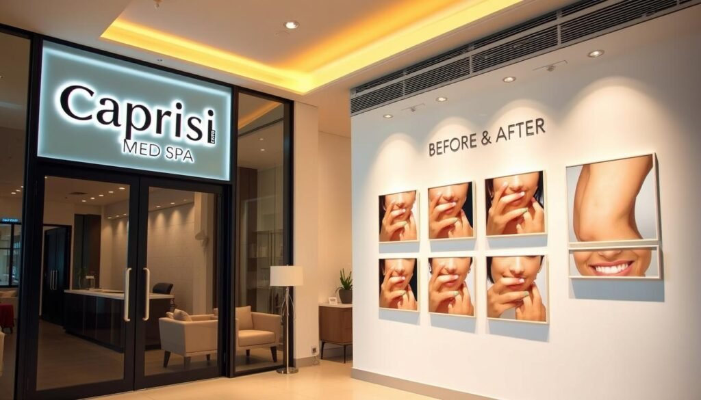 A modern, well-lit skincare clinic in Sherman Oaks, California. The entrance features a minimalist, glass facade with sleek signage displaying the "Capri Med Spa" brand. Inside, a bright, airy reception area with comfortable seating and stylish decor. Warm, natural lighting casts a calming glow. In the "Before and After" gallery, a series of high-quality photographs showcases the remarkable transformations of clients' skin conditions, including birthmark removal. The images are neatly arranged on pristine white walls, allowing the dramatic results to take center stage. An atmosphere of professionalism and trust pervades the space, inviting visitors to explore the clinic's expertise in personalized skincare treatments.