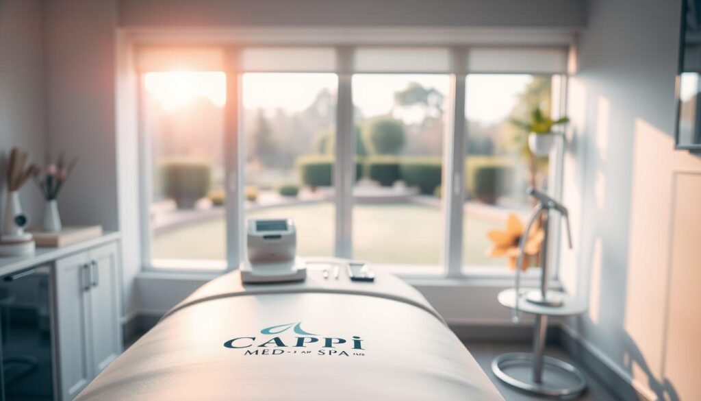 A peaceful and serene medical spa treatment room, illuminated by soft, diffused lighting that casts a warm, calming glow. In the foreground, a Capri Med Spa logo is prominently displayed on a sleek, modern treatment table. On the table, various scar removal tools and devices are neatly arranged, including laser treatments, chemical peels, and dermal fillers. The middle ground features a large window overlooking a tranquil, landscaped garden, providing a soothing, natural backdrop. The overall atmosphere is one of professionalism, expertise, and personalized care, creating an inviting and trustworthy environment for effective scar removal treatments.