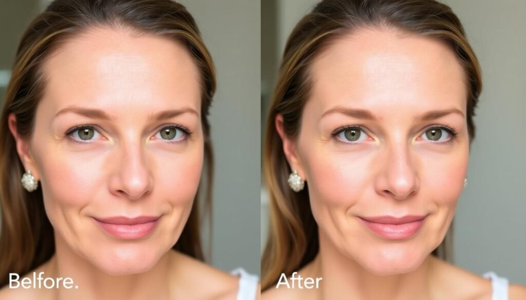 A portrait of a woman's face in a before and after layout, showcasing the remarkable results of a chemical peel treatment at Capri Med Spa in Sherman Oaks. The before image displays a complexion with visible blemishes, discoloration, and uneven texture. The after image reveals a radiant, glowing complexion with refined pores, diminished fine lines, and a luminous, youthful appearance. The lighting is soft and flattering, highlighting the skin's clarity and luminosity. The background is a neutral, minimalist setting, allowing the subject's transformation to be the central focus. The overall mood is one of rejuvenation and confidence.
