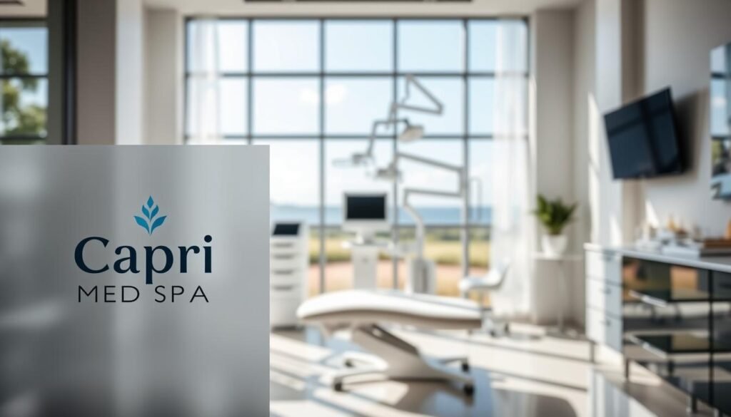 A pristine medical spa interior with natural lighting pouring in through large windows. The foreground features a prominently displayed Capri Med Spa logo, conveying a sense of professional expertise and high-quality service. In the middle ground, a serene treatment room showcases modern medical equipment and soothing decor, suggesting a safe and rejuvenating wrinkle treatment experience. The background depicts a tranquil outdoor scene, hinting at the relaxing atmosphere of the spa. The overall mood is one of confidence, comfort, and the promise of youthful, radiant skin.