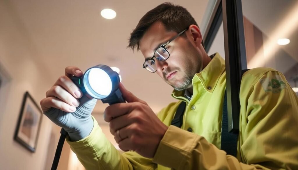 A professional commercial spider removal service technician carefully inspects a Capri Med Spa location in Studio City, meticulously searching for any signs of spider infestations. The technician is equipped with a high-powered flashlight, magnifying glass, and a set of specialized tools, examining every nook and cranny with focused attention. The well-lit interior of the spa is captured in a clean, documentary-style photograph, showcasing the technician's dedication to providing a thorough and effective solution to eliminate spiders and ensure the safety and comfort of Capri Med Spa's customers.
