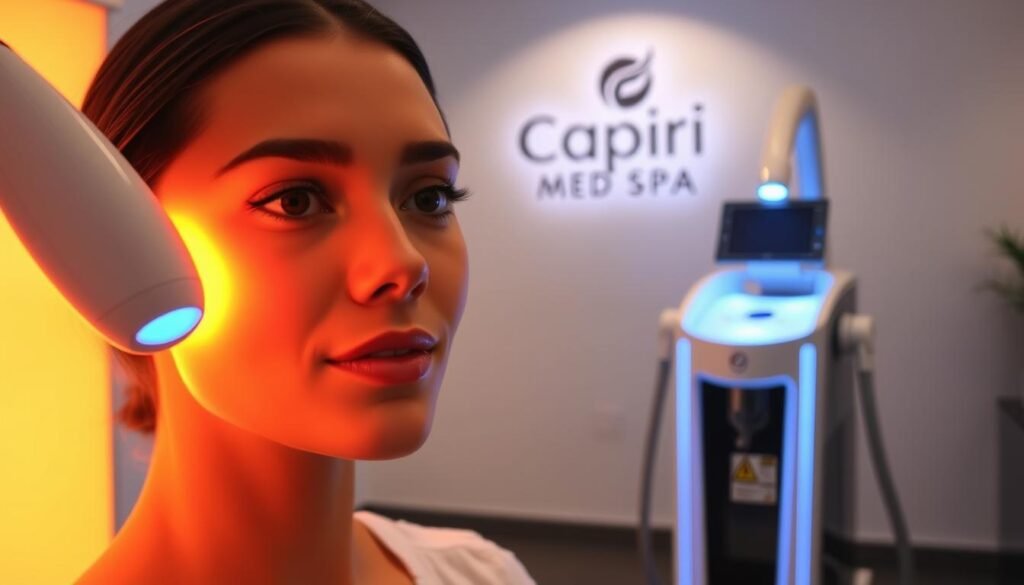 A professional comparison of IPL (intense pulsed light) and laser treatments, showcasing the unique features and benefits of each skin rejuvenation method. In the foreground, a model's face is illuminated by the warm glow of an IPL device, highlighting its ability to target pigmentation and improve skin tone. In the middle ground, a sleek, modern laser treatment console stands as a symbol of precision and effectiveness, targeting specific skin concerns with targeted energy. The background features a minimalist, sophisticated medical spa setting, the Capri Med Spa logo prominently displayed, conveying a sense of expertise and high-quality care. The overall scene exudes a sense of professionalism, innovation, and the promise of radiant, healthy skin.