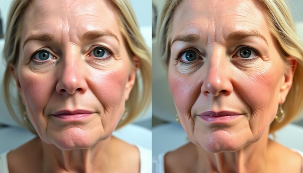 A professional, high-quality before and after image showcasing the remarkable results of IPL (Intense Pulsed Light) treatment at Capri Med Spa in Studio City. In the left frame, the subject's skin appears uneven, with visible discoloration and sun damage. The right frame depicts their rejuvenated, radiant complexion with a more even tone and diminished signs of aging. Soft, natural lighting illuminates the subject's face, capturing the dramatic transformation. The image conveys a sense of renewed confidence and a youthful, refreshed appearance, reflecting the positive impact of the IPL treatment offered at Capri Med Spa.