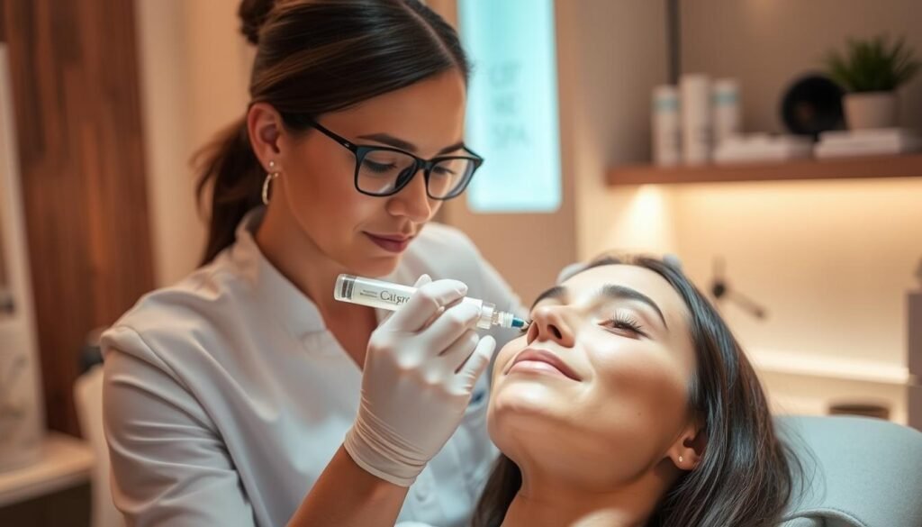 A professional-looking skin lightening treatment at Capri Med Spa in Sherman Oaks. The scene depicts a serene and clean medical spa setting, with a skilled aesthetician carefully applying a high-quality serum or cream to the client's face. The lighting is soft and diffused, creating a warm, soothing atmosphere. The aesthetician's movements are precise and gentle, reflecting their expertise. The client's expression conveys a sense of trust and relaxation. In the background, there are subtle hints of the spa's branding and decor, adding to the overall professional and trustworthy ambiance.