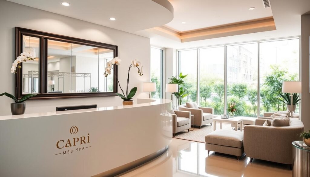 A professional, luxurious spa interior with soft lighting and modern decor. In the foreground, a sleek, minimalist reception desk with the Capri Med Spa logo prominently displayed. Behind the desk, a beautiful orchid arrangement and a large, framed mirror create a sense of elegance. In the middle ground, plush seating areas with neutral-toned furniture invite clients to relax. The background features floor-to-ceiling windows, offering a serene view of a lush garden outside. The overall atmosphere conveys a tranquil, high-end setting where clients can comfortably discuss their Botox treatment financing options.