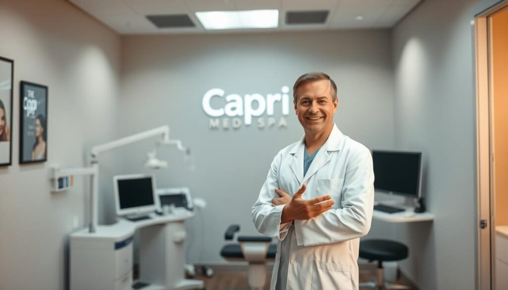 A professional medical office with a warm, inviting atmosphere. In the foreground, a Dysport specialist in a white lab coat stands in a modern, well-lit examination room, gesturing towards the camera with a friendly expression. The middle ground showcases sleek, state-of-the-art medical equipment, while the background features the Capri Med Spa logo prominently displayed on the wall, exuding a sense of expertise and quality care. Soft, directional lighting illuminates the scene, creating a serene and trustworthy ambiance. A professional medical office with a warm, inviting atmosphere. In the foreground, a Dysport specialist in a white lab coat stands in a modern, well-lit examination room, gesturing towards the camera with a friendly expression. The middle ground showcases sleek, state-of-the-art medical equipment, while the background features the Capri Med Spa logo prominently displayed on the wall, exuding a sense of expertise and quality care. Soft, directional lighting illuminates the scene, creating a serene and trustworthy ambiance.