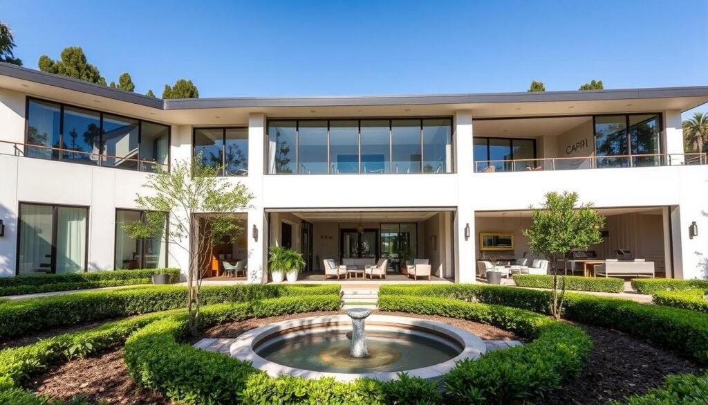 A professional, state-of-the-art medical facility, the Capri Med Spa in Sherman Oaks stands amidst a lush, manicured landscape. The building's sleek, modern architecture is accented by clean lines and large windows that flood the interior with natural light. In the foreground, a meticulously maintained courtyard features a soothing water feature and carefully curated greenery. Inside, the lobby exudes a calming, spa-like ambiance, with plush seating and sophisticated decor. The treatment rooms are equipped with the latest technology, enabling the skilled practitioners to deliver exceptional scalp micropigmentation services that seamlessly blend with the client's natural hair for a flawless, natural-looking result.