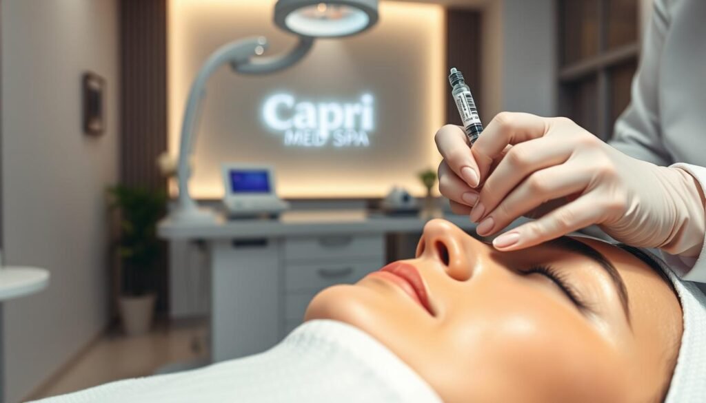 A serene and professional medical spa setting, with a clean and modern aesthetic. In the foreground, a close-up view of a patient's face undergoing a Restylane treatment, the clinician's skilled hands delicately applying the injectable filler. The middle ground showcases the Capri Med Spa branding, with sleek medical equipment and a calming ambiance. The background features subtly-lit, minimalist decor, creating a soothing and rejuvenating atmosphere. Soft, diffused lighting and a shallow depth of field emphasize the focus on the treatment process. The overall mood is one of trust, expertise, and the promise of revitalized, youthful skin.