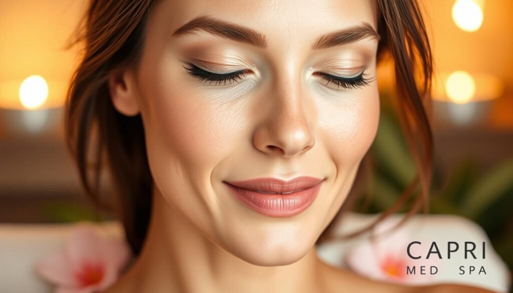 A serene and radiant close-up portrait highlighting the key benefits of the VI Peel treatment. In the foreground, a model's flawless, glowing skin, free of blemishes and imperfections, radiates a healthy, youthful glow. The middle ground features a soft-focus backdrop of soothing natural elements, such as botanical leaves or petals, subtly hinting at the rejuvenating and restorative properties of the peel. Warm, diffused lighting bathes the scene, creating a calming, spa-like atmosphere. In the background, the Capri Med Spa logo appears discreetly, establishing the professional and clinical setting. The overall composition conveys a sense of serenity, confidence, and the transformative power of the VI Peel.