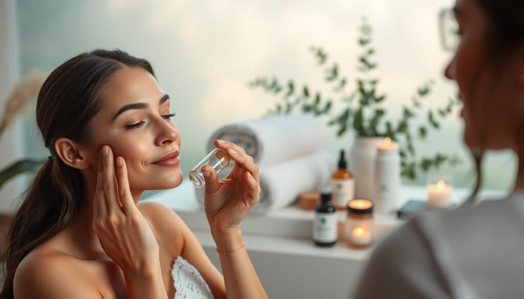 A serene and soothing post-treatment care scene for cheek fillers. In the foreground, a woman gently applies a calming, hydrating serum to her slightly flushed cheeks, utilizing the Capri Med Spa's premium skincare products. The middle ground showcases a cozy, spa-like setting with plush towels, soothing lighting, and relaxing ambient music, conveying a sense of comfort and rejuvenation. The background features a tranquil, nature-inspired backdrop, with soft, diffused lighting and a sense of tranquility, reinforcing the overall atmosphere of post-treatment care and relaxation.
