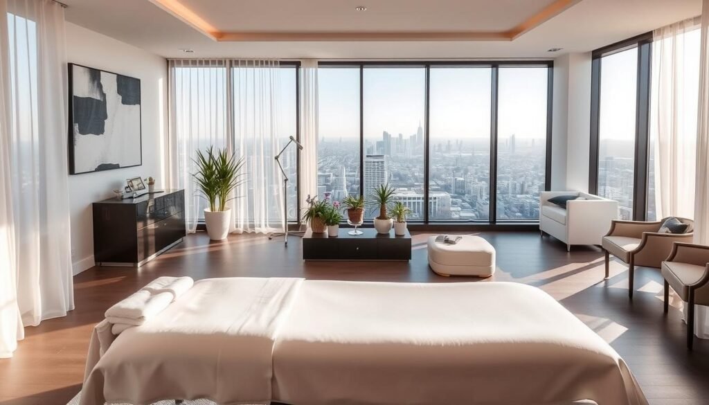 A serene and tranquil Capri Med Spa treatment room in Studio City, with soft lighting filtering through sheer curtains. The space features sleek, contemporary furnishings in neutral tones, and state-of-the-art treatment equipment meticulously arranged. In the foreground, a massage table with crisp, white linens awaits a client. The middle ground showcases minimalist decor, including potted plants and abstract artwork on the walls. The background depicts a panoramic view of the bustling city skyline through large windows, creating a calming contrast. The overall atmosphere radiates a sense of relaxation and rejuvenation, inviting the viewer to envision the wellness treatments offered at Capri Med Spa.