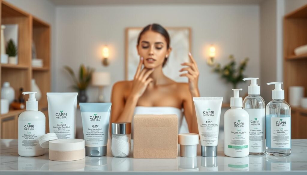 A serene and well-appointed medical spa, Capri Med Spa, showcasing various scar removal aftercare tips. In the foreground, a neatly organized display of soothing lotions, bandages, and gentle cleansers. In the middle ground, a model demonstrates proper application techniques, their skin glowing with a healthy, post-treatment radiance. The background features a tranquil, minimalist setting with soft lighting and calming decor, conveying a sense of relaxation and professional care. The overall atmosphere promotes an informative, yet calming and trustworthy experience for patients seeking effective scar removal services.