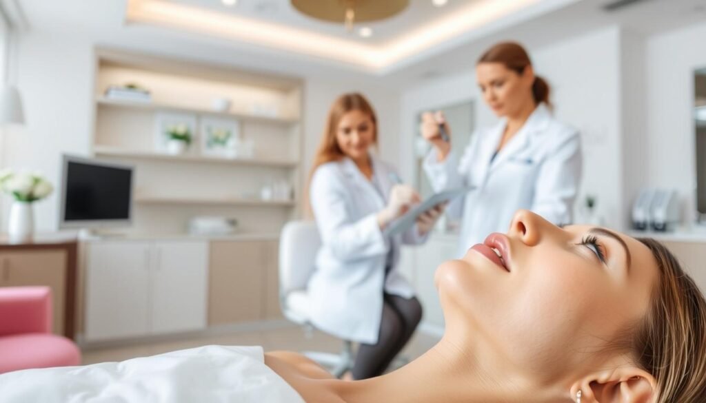 A serene and well-equipped medical spa setting, with a clean, minimalist aesthetic. In the foreground, a close-up view of a patient's lips, expertly treated with lip fillers from Capri Med Spa, showcasing natural-looking, fuller, and smoother results. The mid-ground features a professional, attentive practitioner, dressed in a pristine white coat, carefully administering the treatment. The background highlights the spa's modern, airy, and calming environment, with soft lighting and soothing colors that convey a sense of safety, trust, and high-quality care.