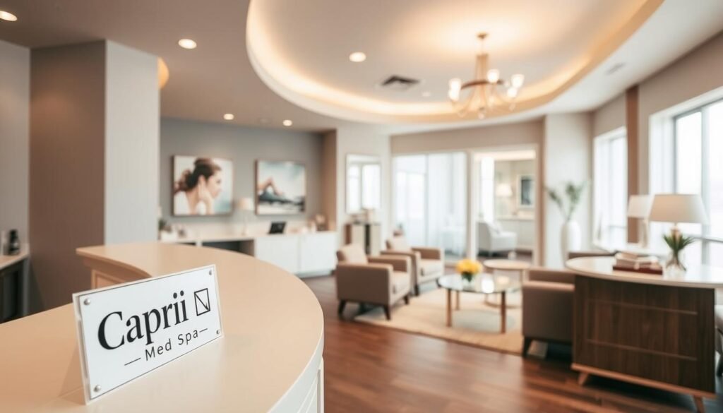 A serene, modern medical spa interior with warm, natural lighting and clean, minimalist decor. In the foreground, a Capri Med Spa sign prominently displayed on the reception desk. The middle ground features a cozy waiting area with plush seating and soothing artwork on the walls. In the background, glimpses of treatment rooms and a tranquil ambiance, conveying the expertise and care associated with Juvéderm treatments. The overall atmosphere is one of professionalism, comfort, and an emphasis on enhancing natural beauty.