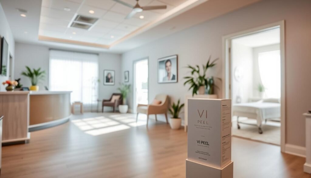 A serene, well-lit Capri Med Spa interior with a clean, modern aesthetic. In the foreground, a VI Peel product display stands prominently, showcasing the treatment's branding and packaging. The middle ground features a reception desk and waiting area, with comfortable seating and potted plants adding a touch of nature. The background depicts a tranquil, sun-drenched treatment room, hinting at the relaxing experience of the VI Peel procedure. The overall atmosphere conveys a sense of professionalism, wellness, and attention to detail that potential clients would expect from a reputable med spa offering the VI Peel treatment.