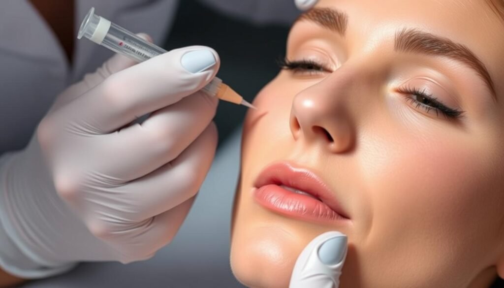 A serene, well-lit closeup of a woman's face receiving dermal fillers treatment at Capri Med Spa in Sherman Oaks. The technician's skilled hands gently administer the filler, with a focused, attentive expression. The subject's face exhibits a natural, healthy glow, with a subtle lifting and smoothing of fine lines around the eyes and lips. The background is softly blurred, emphasizing the intimate, professional setting. The lighting is soft and flattering, accentuating the skin's luminosity. The overall mood is one of tranquility, confidence, and the expertise of the Capri Med Spa team.