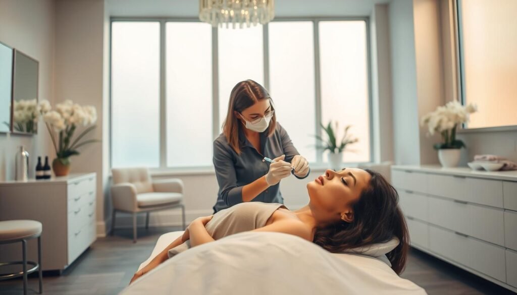 A serene, well-lit medical aesthetics studio in Studio City, California. In the foreground, a woman lies comfortably as a skilled clinician from Capri Med Spa gently administers Juvéderm injections, enhancing her natural features. The middle ground showcases the modern, clean decor of the treatment room, with minimalist furnishings and calming neutral tones. In the background, large windows flood the space with warm, diffused natural light, creating a relaxing, spa-like atmosphere. The overall scene conveys a sense of professionalism, care, and the transformative power of the Juvéderm treatment.