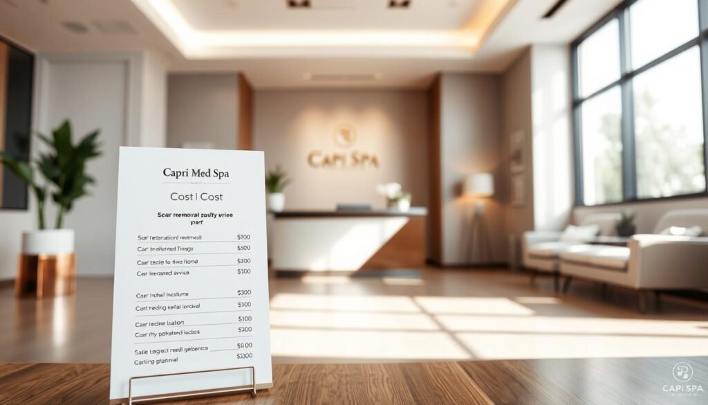 A serene, well-lit medical spa interior in Studio City, with a focus on the cost of scar removal services. The scene features a modern, minimalist reception area with clean lines and natural light filtering through large windows. In the foreground, a stylized price list displays the cost breakdown for various scar treatment options at Capri Med Spa. The middle ground showcases the spa's elegant, spa-like ambiance, with soft textiles, neutral tones, and subtle branding elements. The background gently blurs into a sense of tranquility, conveying the professional, high-quality care patients can expect at this reputable establishment. A serene, well-lit medical spa interior in Studio City, with a focus on the cost of scar removal services. The scene features a modern, minimalist reception area with clean lines and natural light filtering through large windows. In the foreground, a stylized price list displays the cost breakdown for various scar treatment options at Capri Med Spa. The middle ground showcases the spa's elegant, spa-like ambiance, with soft textiles, neutral tones, and subtle branding elements. The background gently blurs into a sense of tranquility, conveying the professional, high-quality care patients can expect at this reputable establishment.