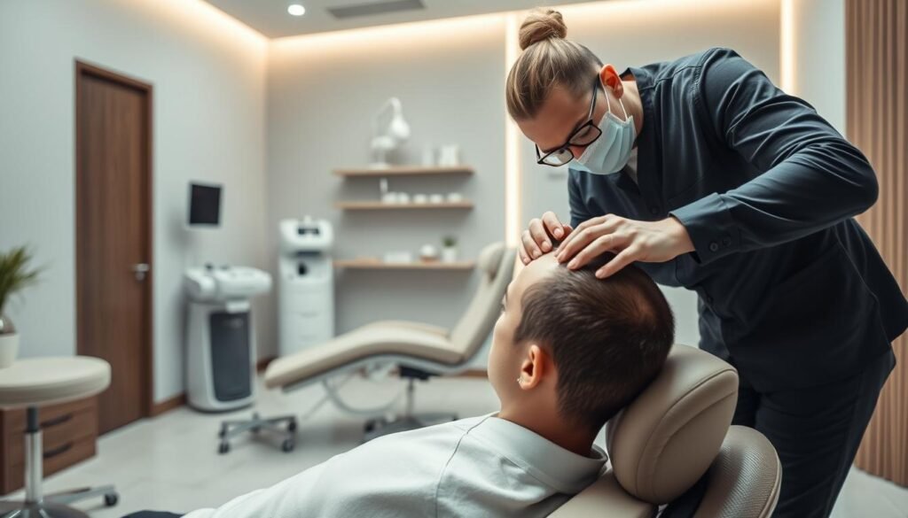 A sleek, modern medical clinic interior with soft, natural lighting. In the foreground, a patient reclining in a comfortable chair, their scalp exposed, as a Capri Med Spa technician leans in, preparing the scalp for a micropigmentation treatment. The middle ground showcases clean, minimalist medical equipment and supplies, while the background features soothing, muted tones and subtle textures that evoke a sense of tranquility and professionalism. The overall atmosphere conveys a welcoming, state-of-the-art medical environment that puts the patient at ease during the preparatory stage of their scalp micropigmentation procedure.