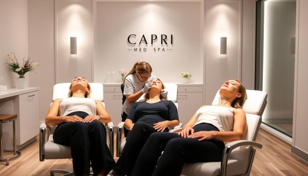 A stylish medical clinic, Capri Med Spa, with bright, clean interiors. Three patients recline comfortably in minimalist treatment chairs, their necks exposed as a Kybella specialist administers injections. Soft, flattering lighting illuminates the procedure, while a soothing, calming atmosphere pervades the scene. The focal point is the detailed, precise injection process, showcasing the Kybella treatment's effectiveness in reshaping the chin and jawline. Neutral tones and sleek, modern decor create a sense of professionalism and expertise. The image conveys the frequency and duration of Kybella treatments at Capri Med Spa, where personalized care and exceptional results are the top priorities.