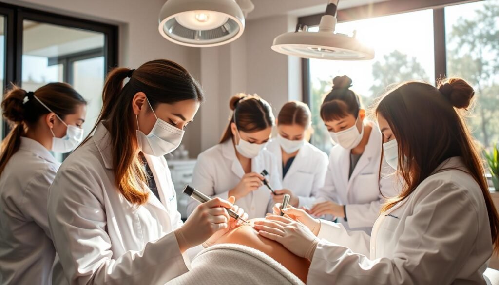 A team of professional black spot removal experts from Capri Med Spa in Studio City, working diligently in a well-equipped medical spa setting. Bright natural lighting filters through large windows, casting a warm, soothing glow over the treatment area. The experts, dressed in crisp white lab coats, use specialized tools and techniques to meticulously target and eliminate stubborn skin discolorations. An atmosphere of expertise, care, and personalized attention permeates the scene, reflecting the high-quality services offered by Capri Med Spa.