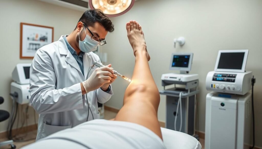 A tranquil medical clinic in Sherman Oaks, the Capri Med Spa, showcases a patient receiving varicose vein treatment. The procedure is performed in a well-lit, sterile environment, with the patient's leg elevated and surrounded by advanced medical equipment. The clinician, wearing a crisp white lab coat, carefully examines the affected area, using specialized tools to address the vein concerns. The overall atmosphere conveys a sense of professionalism, care, and the latest advancements in vein health management.
