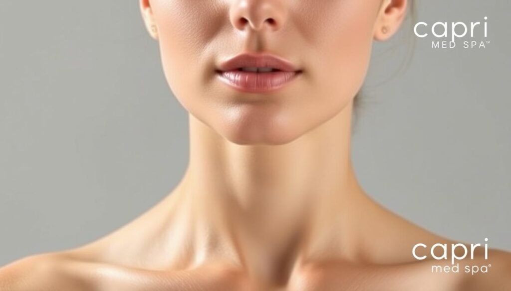 A well-lit, studio-style photograph of a person's face and upper body, showcasing a defined, sculpted jawline. The subject is sitting or standing in a relaxed, natural pose against a plain, neutral background that highlights the facial features. The lighting is soft and flattering, with a slight directional emphasis to accentuate the contours of the jawline. The image has a clean, professional aesthetic, suitable for use in a medical or spa-related advertisement. Capri Med Spa's brand name is subtly visible in the background.