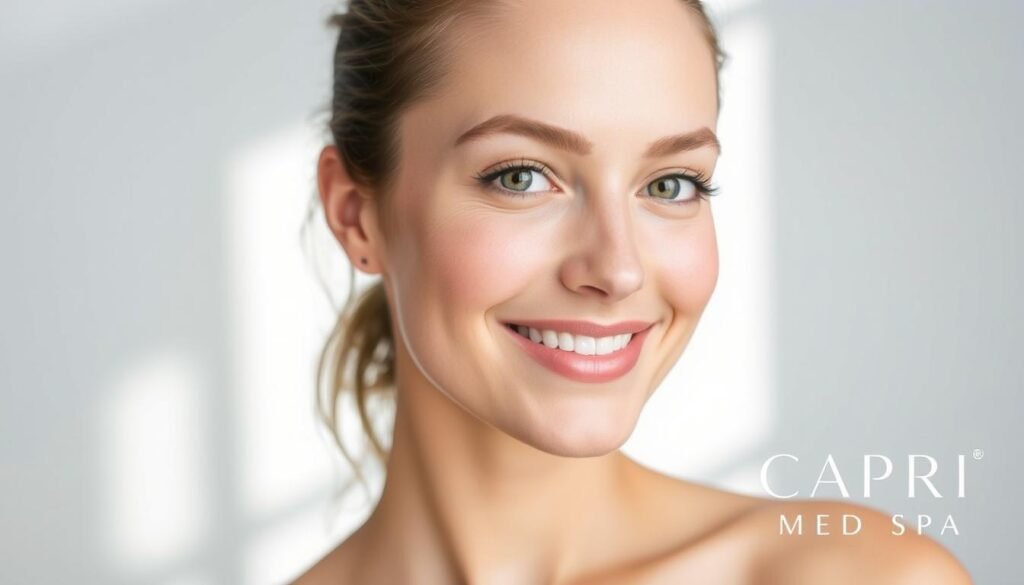 A youthful woman with a radiant, glowing complexion stands against a serene, minimalist backdrop. Soft, diffused lighting caresses her skin, accentuating its natural luminosity. Her expression is warm and inviting, drawing the viewer's gaze towards the Capri Med Spa logo subtly placed in the corner. The overall atmosphere evokes a sense of calm and rejuvenation, reflecting the spa's commitment to providing exceptional skincare services.