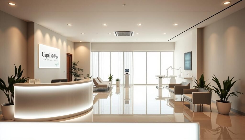 An elegant, modern aesthetic medical clinic interior with a soothing, professional ambiance. The foreground features the Capri Med Spa branding prominently displayed on a minimalist, backlit reception desk. The middle ground showcases a serene waiting area with comfortable modern furniture, soft lighting, and potted plants. The background highlights the clinical treatment rooms with state-of-the-art medical equipment, crisp white walls, and large windows letting in natural daylight. The overall mood is calm, inviting, and conveys the expertise and care provided at this scar removal specialty clinic in Studio City. An elegant, modern aesthetic medical clinic interior with a soothing, professional ambiance. The foreground features the Capri Med Spa branding prominently displayed on a minimalist, backlit reception desk. The middle ground showcases a serene waiting area with comfortable modern furniture, soft lighting, and potted plants. The background highlights the clinical treatment rooms with state-of-the-art medical equipment, crisp white walls, and large windows letting in natural daylight. The overall mood is calm, inviting, and conveys the expertise and care provided at this scar removal specialty clinic in Studio City.