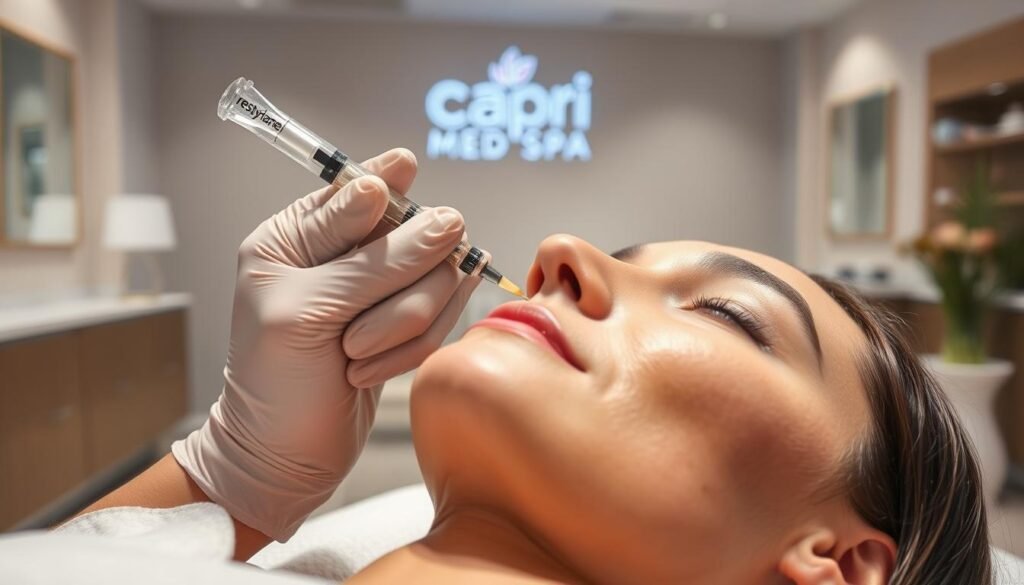 Detailed close-up of a Restylane treatment process in a modern medical spa setting. Foreground shows a healthcare professional's gloved hands carefully injecting Restylane filler into a patient's face. Middle ground has the patient reclining comfortably, with a serene expression. Background features the clean, minimalist interior of Capri Med Spa, with soft lighting and neutral-toned decor creating a calming atmosphere. The overall scene conveys the expertise, care, and comfort associated with Restylane treatments at this reputable medical facility.