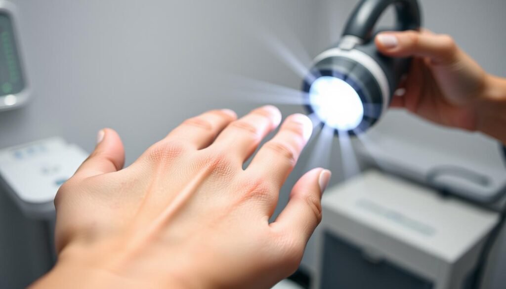 Detailed close-up view of the age spot removal process, showcasing the Capri Med Spa's specialized treatment. In the foreground, a patient's hand with visible age spots is gently held by a skilled medical professional's hand. In the middle ground, advanced laser technology is depicted, emitting focused beams to target and fade the discolored skin. The background features a clean, serene medical setting, with subtle lighting accentuating the precise nature of the procedure. The overall mood conveys a sense of trust, expertise, and a promise of restored youthful skin through the Capri Med Spa's age spot removal service.