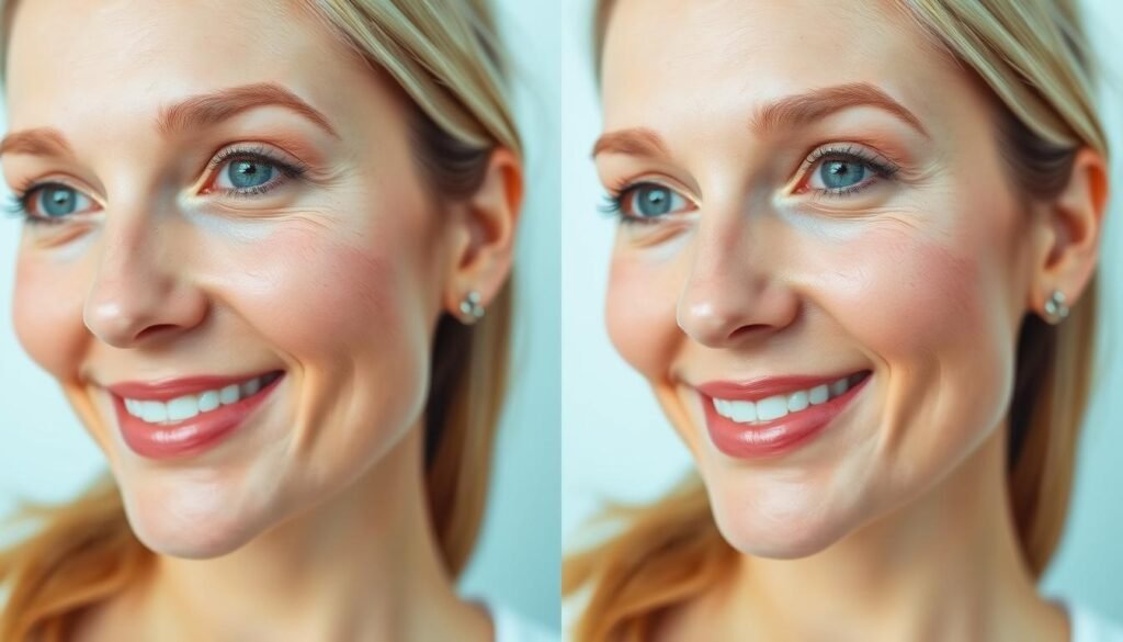 High-quality studio photography of before and after freckle removal treatment at Capri Med Spa, featuring a close-up portrait of a smiling woman with a clear, even skin tone. Bright and evenly lit, with a simple white background to highlight the client's complexion. The before shot shows a face lightly dotted with freckles, while the after shot reveals the client's skin free of any discoloration or blemishes, with a natural, radiant glow. Captured with a high-resolution DSLR camera and a macro lens for maximum detail. The overall mood is warm, professional, and showcases the exceptional results of the Capri Med Spa's freckle removal treatments.