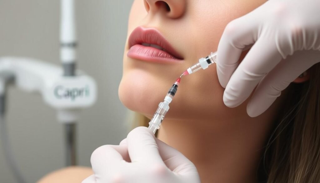Kybella treatment procedure overview: A patient's chin, neck, and jawline, captured in a clinical setting with soft, even lighting and a shallow depth of field. In the foreground, a medical professional's gloved hand carefully administers the Kybella injection into the submental fat. The middle ground showcases the Capri Med Spa branding and equipment, suggesting a professional, hygienic environment. The background fades into a blurred, neutral backdrop, keeping the focus on the treatment itself. The overall mood is one of precision, care, and the promise of a more defined, sculpted chin.