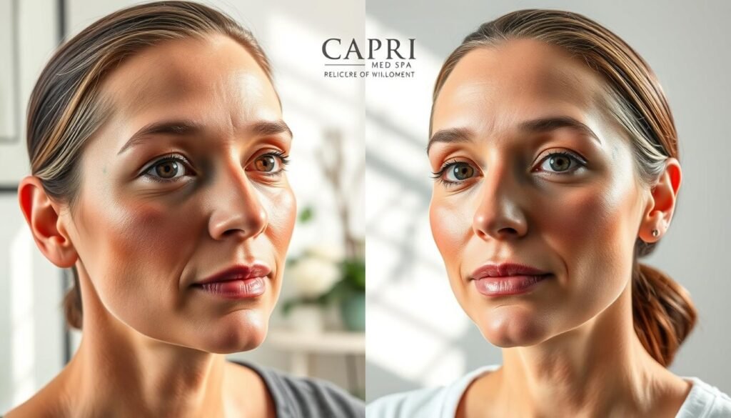 Professional black spot removal before and after photos, showcasing a dramatic transformation. In the foreground, two portrait-style shots side-by-side: the left image shows an adult subject's face with visible dark spots, while the right captures the same subject's skin now radiant and even-toned after Capri Med Spa's black spot removal treatment. The middle ground features a serene, well-lit studio setting, with soft natural lighting and a neutral backdrop that allows the subject's skin to take center stage. The background subtly hints at the professionalism and expertise of the Capri Med Spa clinic, establishing a sense of trust and authority. The overall mood is one of confidence, clarity, and a flawless complexion achieved through the clinic's effective skincare solutions.