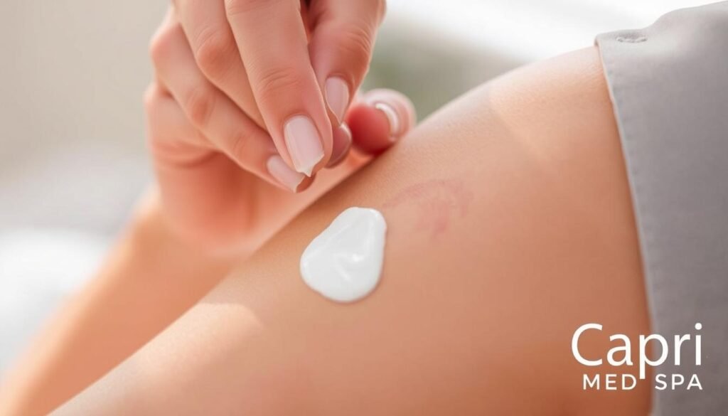 Scar Camouflage Aftercare - A Capri Med Spa Scene A close-up view of a person's hand gently applying a specialized scar camouflage cream to a healed scar on their arm. The skin is slightly reddened, indicating a recent procedure. The cream is being massaged into the scar tissue with delicate, circular motions, promoting healing and fading. The background is softly blurred, keeping the focus on the application process. Warm, natural lighting casts a gentle glow, creating a serene, therapeutic atmosphere. The Capri Med Spa logo is discreetly visible in the corner, signifying the professional clinical setting.