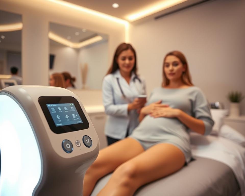 A modern, inviting clinical setting showcasing the T-Shape 2 technology at Capri Med Spa. In the foreground, a sleek T-Shape 2 device with intuitive controls glows softly under bright, diffused lighting, highlighting its advanced design and features. In the middle, a focused therapist in professional attire demonstrates the treatment on a client, who is comfortably dressed in modest clothing, showcasing a subtle yet confident expression. The background features clean, minimalist decor, with calming colors and soft textures to create a soothing atmosphere. The overall mood conveys professionalism, innovation, and warmth, with a focus on body sculpting and contouring. The camera angle captures the action from a slightly elevated perspective to provide depth and context to the treatment process.