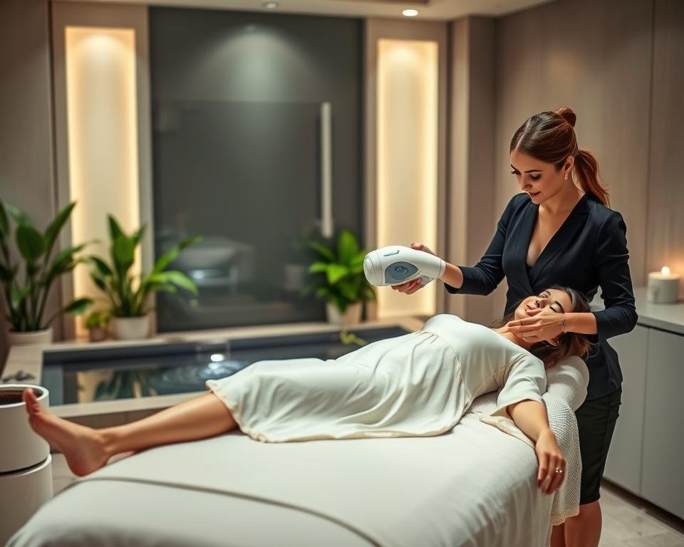 A serene and elegant spa environment showcasing the T-Shape 2 treatment at Capri Med Spa. In the foreground, a professional aesthetician in smart casual attire is demonstrating the T-Shape 2 device on a client who is comfortably reclined on a treatment table, dressed in a modest spa gown. The middle ground features sleek, modern spa decor with gentle, ambient lighting, highlighting the state-of-the-art technology of the T-Shape 2. Behind them, soft-focus elements like lush green plants and calming water features create a tranquil atmosphere. The image should convey a sense of rejuvenation and wellness, with soft, natural light illuminating the scene to evoke a peaceful and inviting mood, perfect for illustrating key features of body sculpting and contouring benefits.
