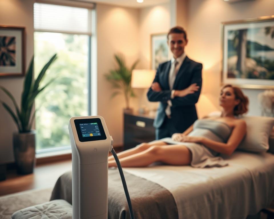 A serene, elegant treatment room at Capri Med Spa, featuring a sleek T-Shape 2 body sculpting device positioned prominently in the foreground. A confident, professional practitioner in business attire is demonstrating the treatment to a client, who is casually dressed yet comfortable, sitting on a treatment table. Soft, warm lighting enhances the relaxing atmosphere, with soft-focus greenery in the background suggesting tranquility. The walls are adorned with tasteful artwork and calming colors, adding to the inviting space. The shot is taken from a slightly elevated angle, capturing both the device and the interaction, emphasizing professionalism and a nurturing environment, reflecting the premium nature of the Capri Med Spa experience.