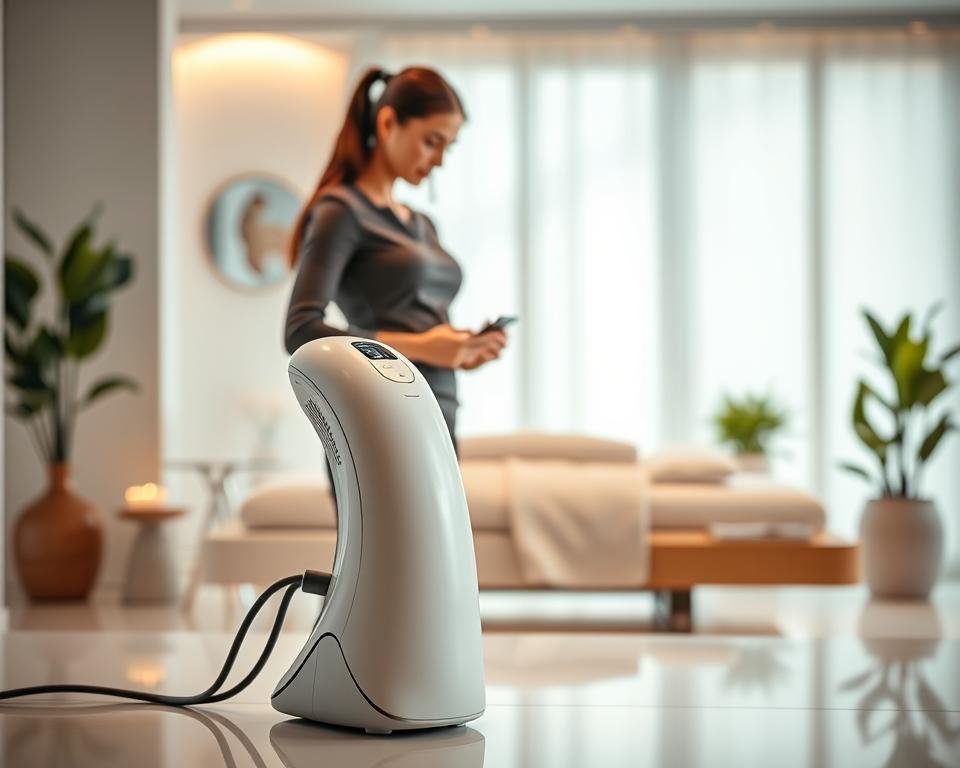 A sleek, modern aesthetic of the Artemis T-Shape 2 body sculpting device prominently placed in a bright, contemporary spa setting. In the foreground, the device is beautifully illuminated with warm, soft lighting, showcasing its innovative features and ergonomic design. In the middle ground, a professional staff member dressed in modest, professional attire subtly interacts with the device, embodying a sense of expertise and care. The background reveals calming spa elements, such as soft pastel decor, lush greenery, and a tranquil ambiance, helping to convey relaxation and rejuvenation. The entire scene should be well-composed with a shallow depth of field to draw focus on the device and the staff, creating an inviting atmosphere that reflects the quality of services offered at Capri Med Spa.