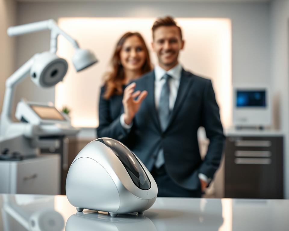 A highly detailed and professional image showcasing the "T-Shape 2 Technology for Facial Enhancement Sculpting" as developed by Capri Med Spa. In the foreground, display the T-Shape 2 device prominently, highlighting its sleek design and advanced features. The middle ground should feature a presenter in smart business attire, demonstrating the device gently against a serene and well-lit clinical setting. The background should consist of soft-focus elements, such as medical equipment and soothing decor that conveys a sense of professionalism and safety. Utilize soft, natural lighting to create an inviting atmosphere, with a shallow depth of field focusing on the device's intricate details. Capture the scene from a slightly elevated angle to emphasize the device's functionality and its application in facial contouring.