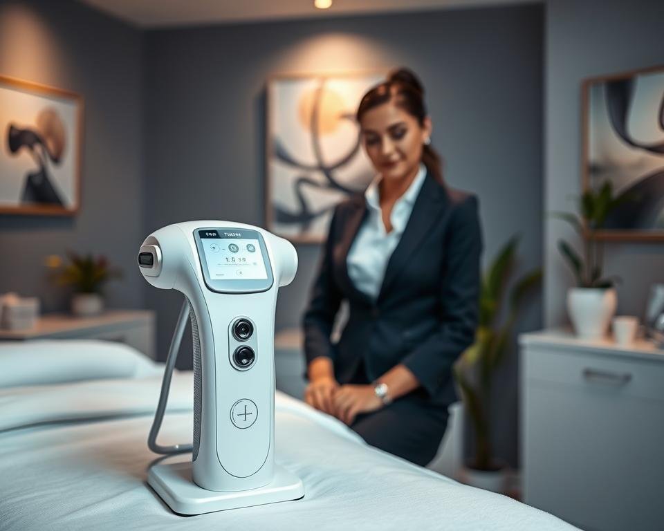 A modern, professional aesthetic treatment room at Capri Med Spa, showcasing body and face sculpting tools and equipment. In the foreground, a sleek T-Shape 2 device is prominently displayed, featuring its intuitive interface and advanced technology. In the middle ground, a certified esthetician in smart business attire is preparing for a treatment, exuding confidence and professionalism. Soft, ambient lighting highlights the modern decor, emphasizing cleanliness and serenity. The background features calming artwork and plants, creating a soothing atmosphere. The image captures the essence of body and face sculpting, illustrating the intersection of technology and beauty in a welcoming spa environment.