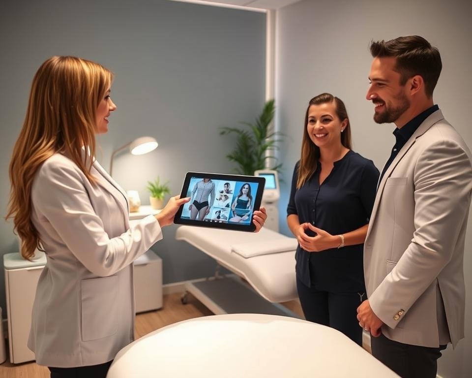 A professional body contouring specialist team at Capri Med Spa conducts a consultation in a bright, modern treatment room. In the foreground, two specialists—a woman and a man—are discussing body sculpting techniques, both wearing crisp, professional attire. The woman is showing digital images on a tablet, highlighting the T-Shape 2 device, while the man listens attentively. In the middle background, a sleek treatment table is visible, along with high-tech equipment and soothing decor featuring plants and soft lighting. The atmosphere is calm and inviting, emphasizing expertise and professionalism. The lighting is warm and soft, accentuating the specialists' friendly expressions and the clean, sophisticated environment. The overall mood conveys trust and innovation in body and face sculpting techniques. A professional body contouring specialist team at Capri Med Spa conducts a consultation in a bright, modern treatment room. In the foreground, two specialists—a woman and a man—are discussing body sculpting techniques, both wearing crisp, professional attire. The woman is showing digital images on a tablet, highlighting the T-Shape 2 device, while the man listens attentively. In the middle background, a sleek treatment table is visible, along with high-tech equipment and soothing decor featuring plants and soft lighting. The atmosphere is calm and inviting, emphasizing expertise and professionalism. The lighting is warm and soft, accentuating the specialists' friendly expressions and the clean, sophisticated environment. The overall mood conveys trust and innovation in body and face sculpting techniques.