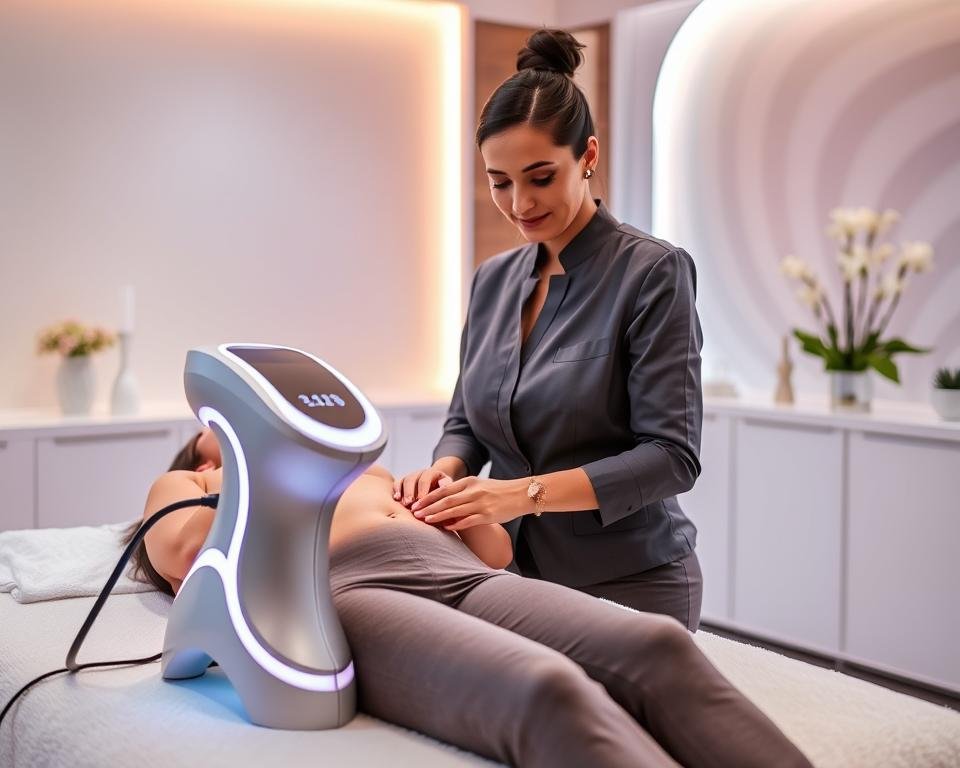 A professional medspa setting showcasing the innovative T-Shape 2 body sculpting device from Capri Med Spa. In the foreground, a certified aesthetician, dressed in professional attire, demonstrates the contouring procedure on a client who is comfortably seated, dressed in modest clothing. The aesthetician's focused expression conveys expertise and care. In the middle ground, the T-Shape 2 device is clearly visible with its sleek and modern design, emitting soft ambient lighting, enhancing the serene atmosphere. The background features soothing colors, with futuristic aesthetic decor, contributing to a calm and inviting environment. The overall mood is professional and reassuring, highlighting advanced body and face sculpting contouring techniques. Soft, natural lighting creates gentle shadows, capturing the meticulous detail of the treatment in a welcoming medspa ambiance.