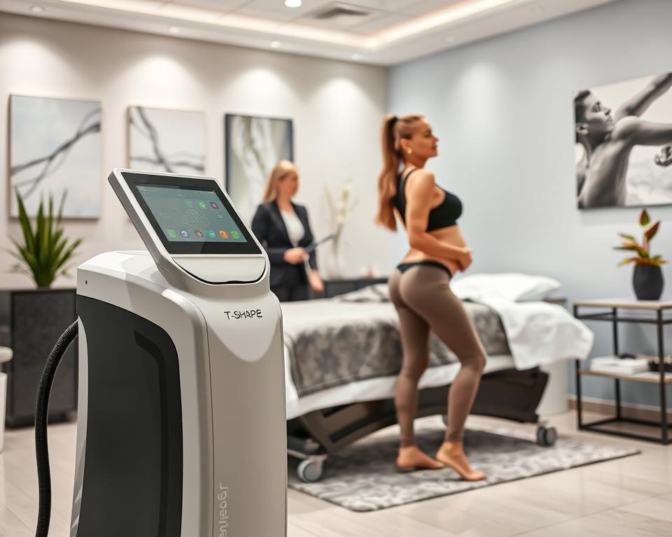 A professional setting of a modern med spa, showcasing body contouring treatments. In the foreground, a sleek T-Shape 2 machine is prominently displayed, featuring its sophisticated design and control panel, highlighting the innovation of Capri Med Spa. A professional female therapist, dressed in smart business attire, demonstrates the body sculpting procedure on a client, who is comfortably clothed in modest activewear. The middle ground features a serene treatment room with calming colors, soft natural lighting, and contemporary decor enhancing the atmosphere of wellness and relaxation. In the background, soothing wall art and soft plants create a tranquil vibe. The image captures the essence of body and face sculpting, emphasizing professionalism and care in the innovative ambiance of Capri Med Spa.