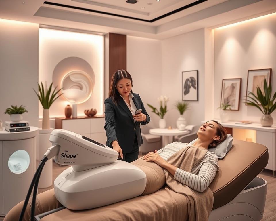 A serene and inviting interior of a modern body and face contouring clinic, featuring advanced equipment like the T-Shape 2 device from Capri Med Spa prominently displayed. In the foreground, a professional and approachable aesthetician, dressed in smart business attire, is demonstrating a contouring treatment on a client comfortably reclined. The client is wearing modest clothing, emphasizing relaxation and confidence. The middle layer showcases elegant, well-lit treatment rooms with soft, ambient lighting creating a peaceful atmosphere. The background features soothing decorations, such as plants and calming artwork, promoting a sense of well-being. Natural daylight filters through large windows, enhancing a warm, welcoming vibe, while ensuring the focus remains on the treatment's benefits. The overall mood is one of professionalism and tranquility, encapsulating the advantages of body and face contouring.