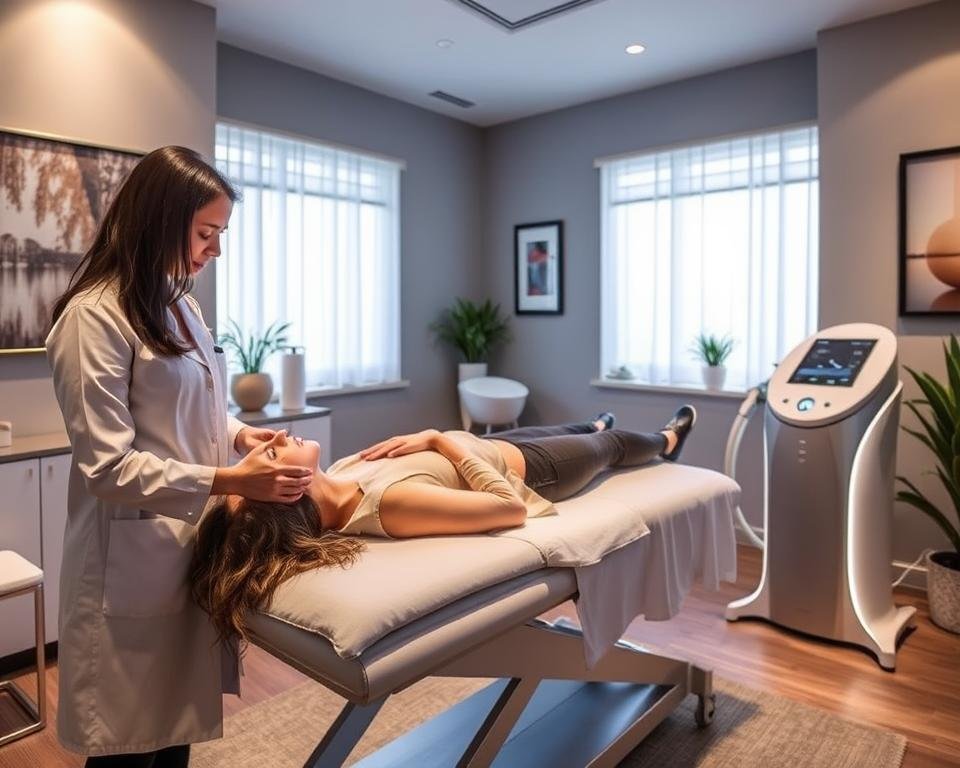 A serene and inviting interior of a modern med spa in Chatsworth, showcasing a sleek, professional treatment room at Capri Med Spa. In the foreground, a female practitioner in a white lab coat demonstrates body and face sculpting techniques on a client comfortably lying on a treatment table, both wearing modest casual clothing. The middle ground features advanced sculpting equipment, including the T-Shape 2 device, elegantly illuminated by soft, natural light flowing through large windows. The background has calming, muted colors, with tasteful artwork and plants, creating a tranquil, professional ambiance. The atmosphere conveys relaxation and rejuvenation, ideal for body and face sculpting treatments, emphasizing the expertise and care provided by Capri Med Spa.