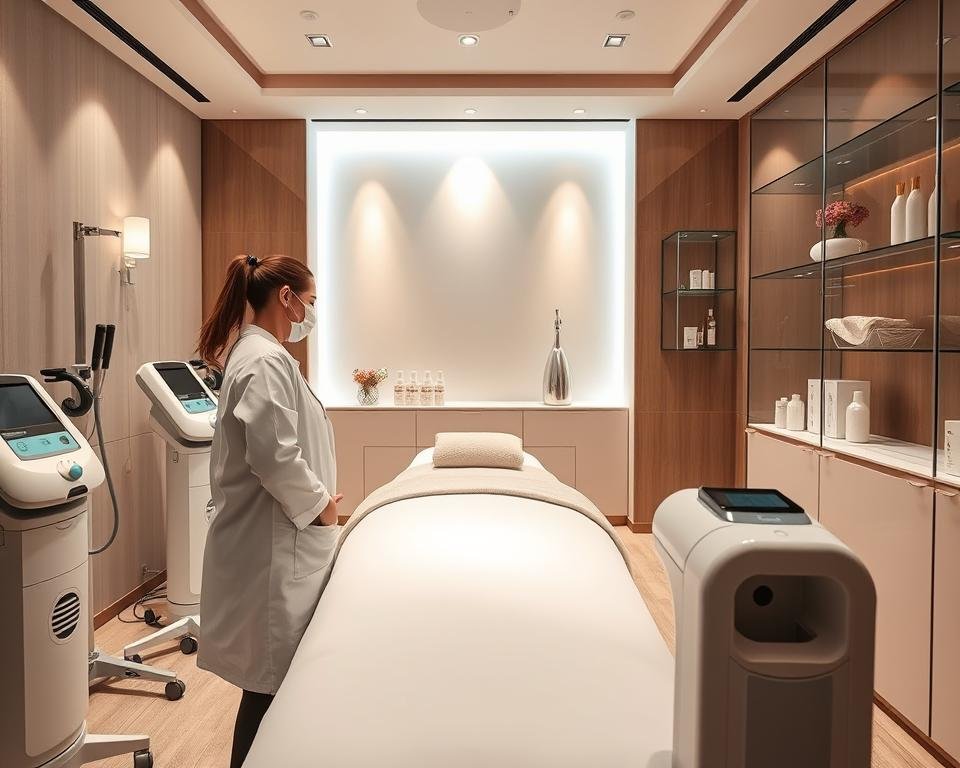 A serene and inviting interior of a modern med spa, showcasing a state-of-the-art treatment room designed for precision body sculpting and contouring services. In the foreground, a professional therapist in a white lab coat prepares for a session, surrounded by advanced sculpting equipment. The middle section features a softly lit treatment bed with soothing neutral tones and subtle decorative elements, creating a calming atmosphere. In the background, glass shelves display skincare products and elegant decor. The lighting is warm and diffused, enhancing the tranquil mood. Wide-angle lens perspective captures the entire scene, highlighting the professionalism and comfort of Capri Med Spa, where clients feel cared for and empowered on their sculpting journey.